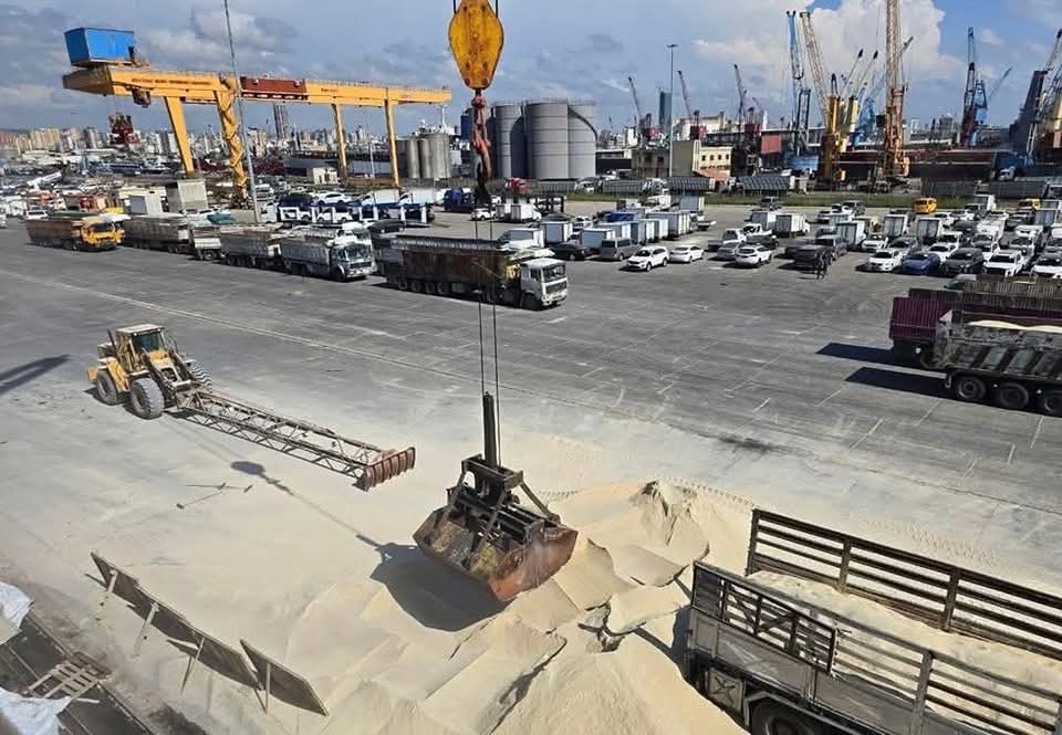 Wide view of the quay apron with the stockpile and vehicle park behind